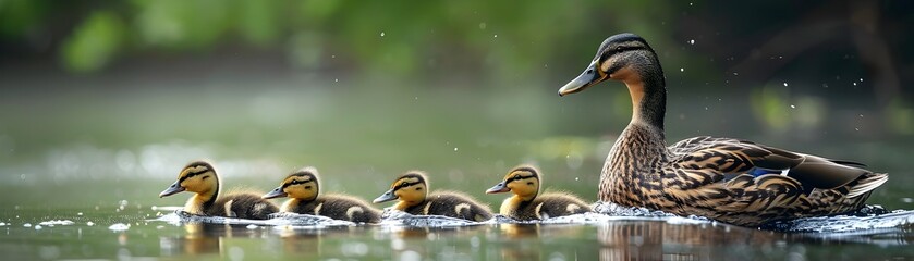 A mother duck is leading her ducklings through the water - Powered by Adobe