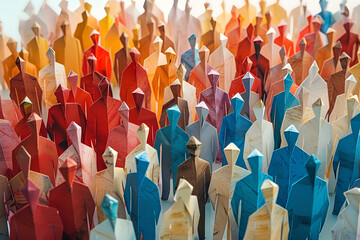 Large crowd of diverse people in paper craft origami style. Overpopulation, diversity society demographic concept - obrazy, fototapety, plakaty