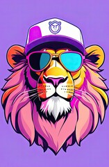 Illustration lion in hip-hop style with sunglasses and cap in purple tones.Concept for t- shirt print and design, backpacks and bags print, notebook covers design.
