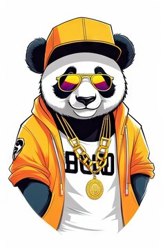 Illustration cute panda in hip-hop style with sunglasses and cap yellow tones isolated on white backdrop.Concept for t- shirt print and design,sticker, backpacks and bags print,notebook covers design.
