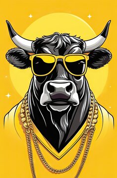 Illustration bull in hip-hop style with sunglasses in yellow tones.Concept for t- shirt print and design, sticker, backpacks and bags print, notebook covers design.