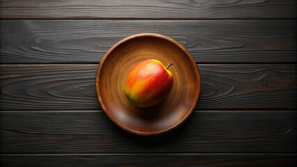 Whole Mango on Wood Plate and beautiful Wooden Table. Mango top view.