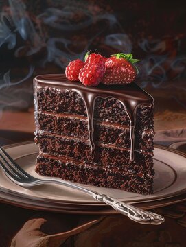 A slice of chocolate cake on a white plate with a chocolate drizzle and chocolate shavings.