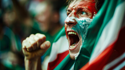 a soccer fan, their face painted in the colors of the portugal flag, erupting into jubilant...