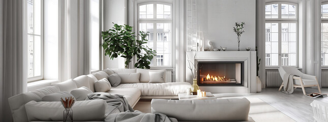 Bright Scandinavian Apartment Interior. Airy loft with high ceilings, fireplace, and chic decor.