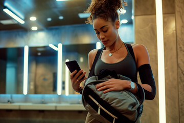 Athletic Woman Checking Smartphone in Locker Room. A fit young woman with a gym bag uses her smartphone in a modern gym's locker room, possibly managing her workout schedule.
