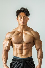Fototapeta premium Muscular Asian bodybuilder posing with confidence showing off ripped physique and well-defined muscles in a studio setting