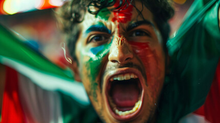 a soccer fan, their face painted in the colors of the portugal flag, erupting into jubilant celebration