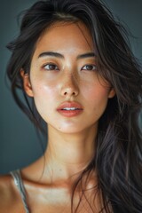 Obraz premium Portrait of a Young Asian Woman with Natural Makeup and Expressive Eyes in Soft Indoor Lighting