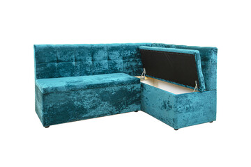 Turquoise unfolded sofa made of velor fabric isolated on a white background. Cushioned furniture.