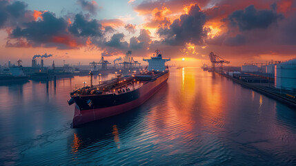 A large cargo ship, barges against the background of a beautiful sunset in the harbour - obrazy, fototapety, plakaty