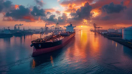 Fotobehang A large cargo ship, barges against the background of a beautiful sunset in the harbour © Alina Zavhorodnii
