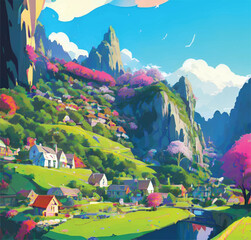 vector illustration of a beautiful village landscape in spring season - obrazy, fototapety, plakaty
