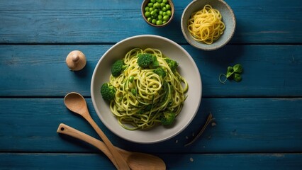 A plate of green pesto sauce tossed with cooked pasta noodles