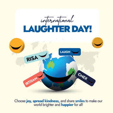 International moment of Laughter day.14th April World Laughter day social media post with silhouette world map, earth globe with bid smile, yellow smiling emojis and laugh in different languages.