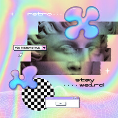 Surreal retrofuturistic collage of user interface with female Roman antique statue in wavy distorted style. Vaporwave vector illustration with fluid blobs.