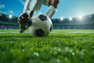 Close up Soccer player's feet kicking the ball on the green stadium of the football field - obrazy, fototapety, plakaty