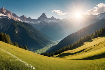 Panoramic alpine meadow with majestic mountain view. Lush green alpine meadow under a clear blue sky with panoramic mountain range in the background - obrazy, fototapety, plakaty