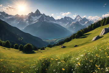 Panoramic alpine meadow with majestic mountain view. Lush green alpine meadow under a clear blue sky with panoramic mountain range in the background - obrazy, fototapety, plakaty