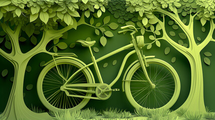 bicycle on grass, paper cut sytle