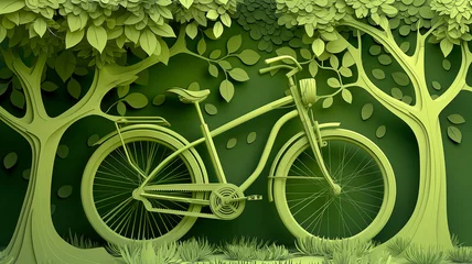 Papier Peint photo Lavable Vélo bicycle on grass, paper cut sytle