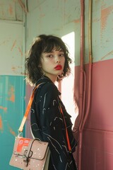 Stylish Woman Posing with a Trendy Purse in Urban Setting with Contrasting Pink and Blue Background