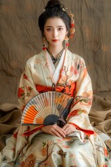Elegant Woman in Traditional Japanese Kimono Holding a Fan with Hairstyle and Accessories
