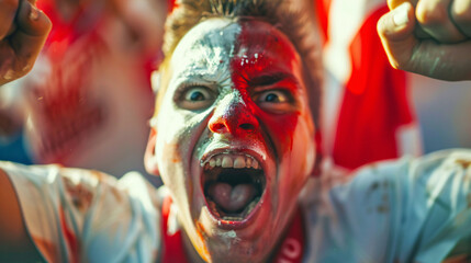 a soccer fan, their face painted in the colors of the portugal flag, erupting into jubilant celebration