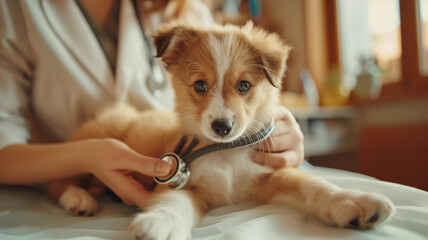 A cute dog being examined by a veterinarian with a stethoscope