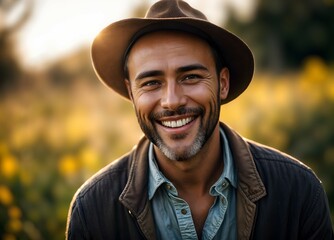 A man wearing a hat is shown smiling warmly whith blurred background - obrazy, fototapety, plakaty