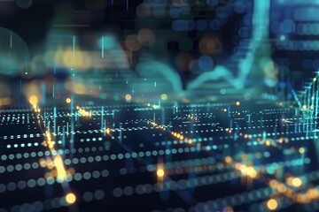 Fototapeta premium Blue technology animation stills and quantum waves. Stock market and cryptocurrency graphs. Defocused background with dots and lines. Financial trends concept alongside business charts.
