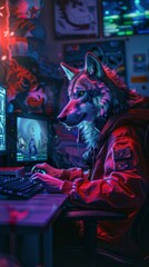 Animal gamer a determined wolf strategizing at a gaming setup vivid details serious ambiance