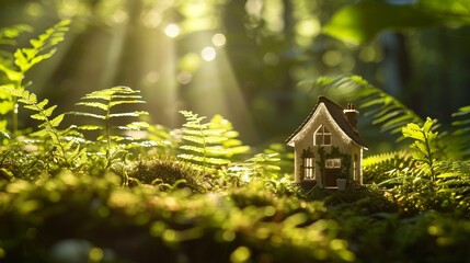 A miniature toy transparent house stands in the middle of the forest on green grass bathed in sunlight. Fantasy world concept of forest peoples or real estate away from civilization - obrazy, fototapety, plakaty