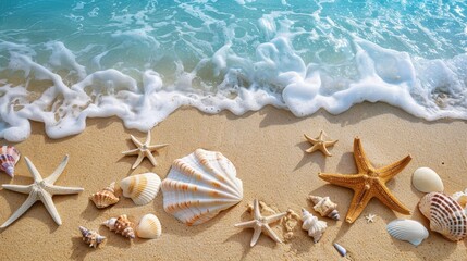 Fototapeta na wymiar Beach Vacation Memories with Starfish and Seashells on Sandy Shore