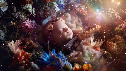 A serene infant sleeps amidst a vibrant cosmic garden, where flowers blend with stardust, reflecting the magic of the universe.