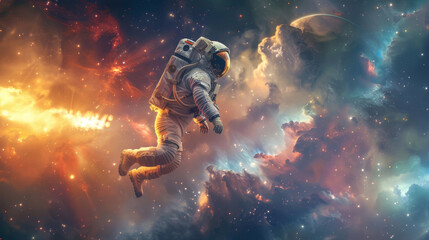 An astronaut floats adrift in the expansive beauty of a vivid cosmic nebula, encapsulating the solitude and majesty of space.