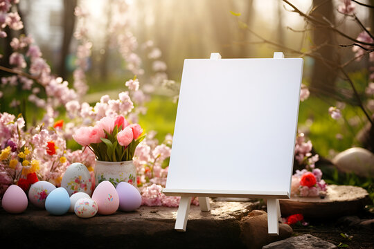 Empty white board for text in spring garden with flowers, Easter eggs