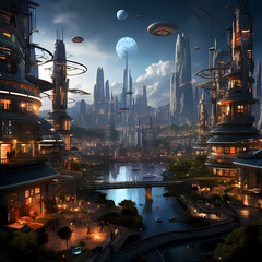 A futuristic cityscape with floating buildings.