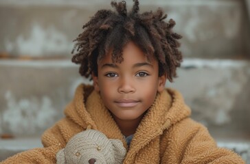 Close-up portrait of a child in warm clothing holding a teddy bear with a subtle smile - obrazy, fototapety, plakaty