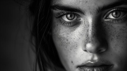  a young woman with dark hair and big eyes, highlighting her freckles and detailed skin texture, set against a dark backdrop in a high-resolution, hyper-realistic photograph.