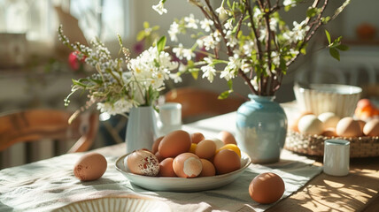 Stół wielkanocny z jajkami pisankami - Generative AI	 - obrazy, fototapety, plakaty