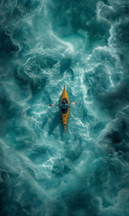 drone view of Man in kayak in turquoise sea water