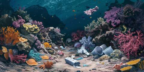 Fototapeta na wymiar Garbage on the ocean floor