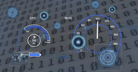 Fototapeta premium Image of car interface over scope scanning and binary coding on white background