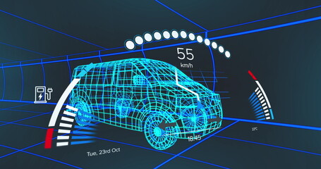 Fototapeta premium Image of car interface over digital van model on black background