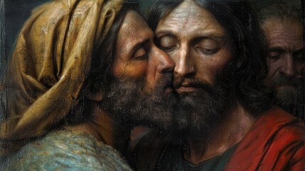 Kiss of Judas: pivotal moment of betrayal in the life of jesus christ, profound religious symbolism depicted in the bible, exploring themes of loyalty, deception, and redemption in christian theology
