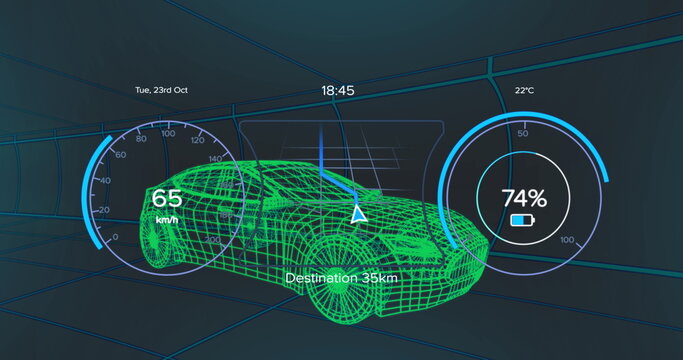 Fototapeta Image of car interface over digital car model on black background