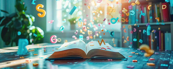 Abstract background of open book lying on the table with colourful letters flying around. - obrazy, fototapety, plakaty