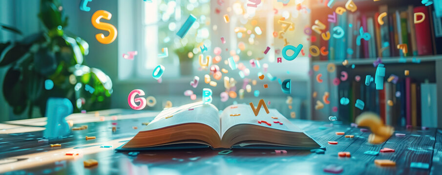 Abstract background of open book lying on the table with colourful letters flying around.