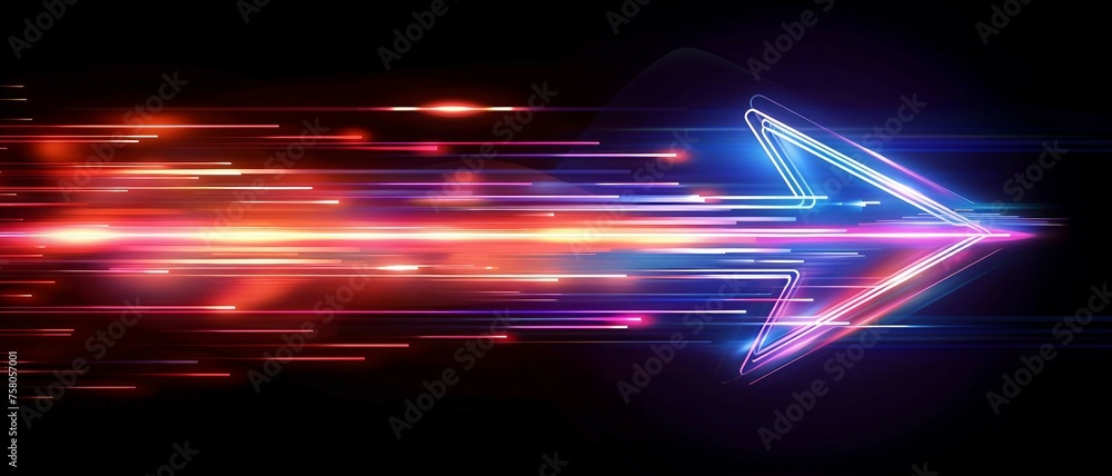Poster colorful digital arrow pointing right shaped by dynamic neon glowing lines in a dark background.